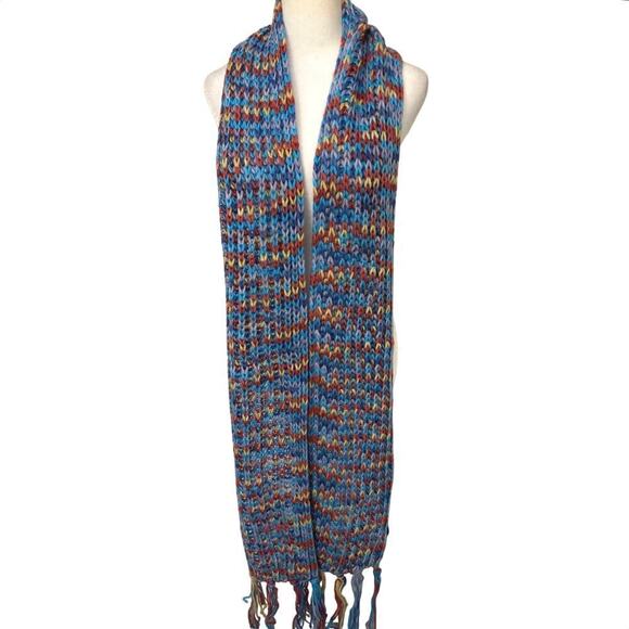 RIKKA NWT Blue Yellow Red Multi Color Crochet Fringe Winter Scarf - Picture 4 of 7